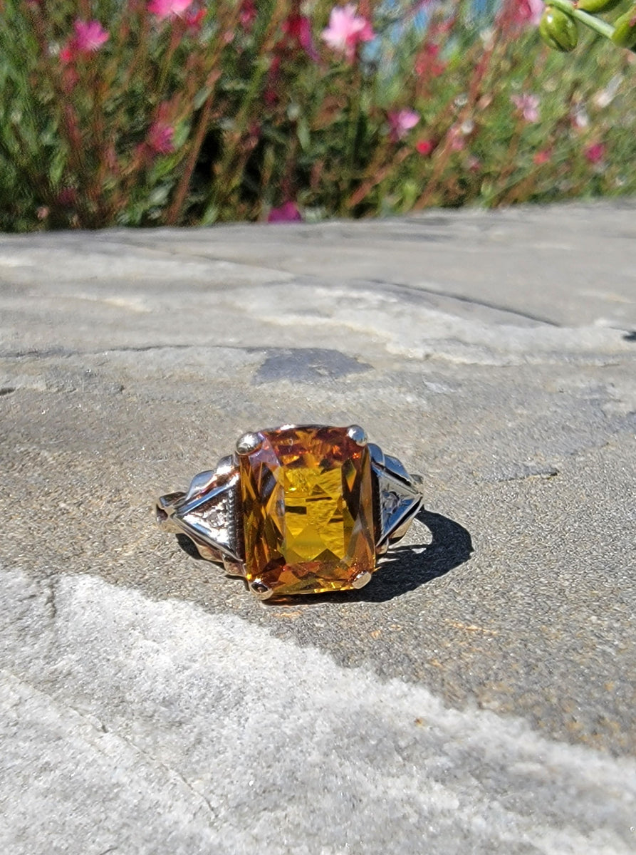 10k white gold emerald cut CITRINE diamond Deco estate ring