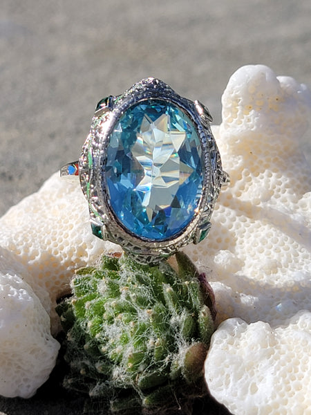 14k gold c.1920's Art Deco filigree aquamarine, emerald & enamel ring HOLD