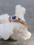 10K gold blue sapphire & green doublet engraved Edwardian ring