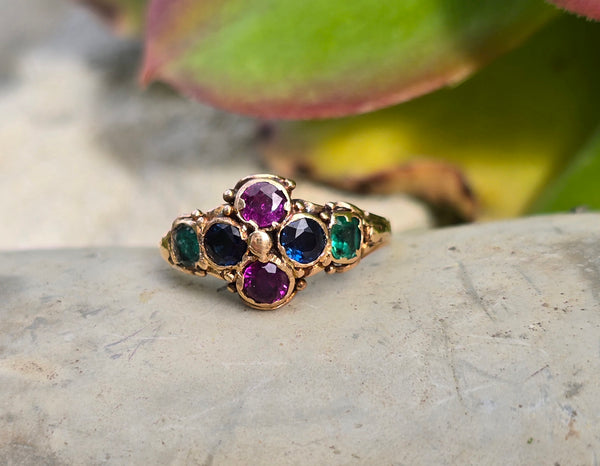 10k gold sapphire, emerald & ruby antique Georgian ring
