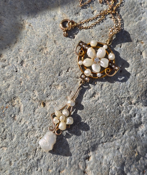 10k gold mine cut diamond & pearl antique flower necklace pendant