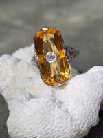 14k white gold citrine & diamond filigree Deco c.1920's estate ring