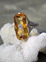14k white gold citrine & diamond filigree Deco c.1920's estate ring
