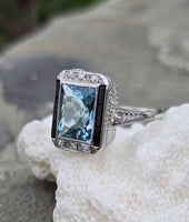14k white gold filigree ART DECO aquamarine, onyx & diamond ring!!! HOLD