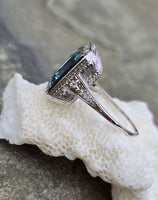 14k white gold filigree ART DECO aquamarine, onyx & diamond ring!!! HOLD