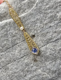 14k gold filigree c.1920's blue sapphire & pearl necklace pendant