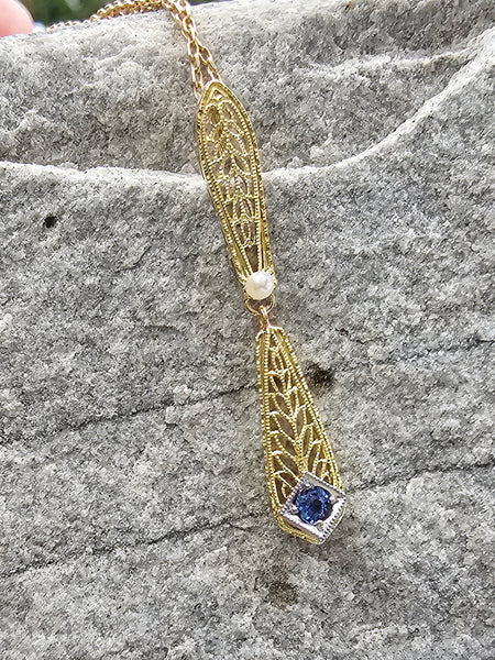 14k gold filigree c.1920's blue sapphire & pearl necklace pendant