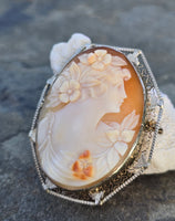 14k gold c.1920's filigree carved shell cameo brooch pin pendant