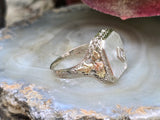 14k tri colored gold c.1920's filigree etched camphor glass & diamond ring