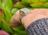 14k tri colored gold c.1920's filigree etched camphor glass & diamond ring
