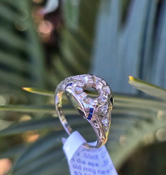 platinum Deco estate sapphire & diamond ring mounting setting apx 5mm RESET YOUR DIAMOND