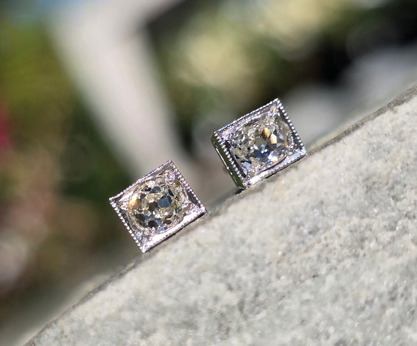 Platinum top - 14k gold old mine cut diamond studs earrings - apx .40ct tw