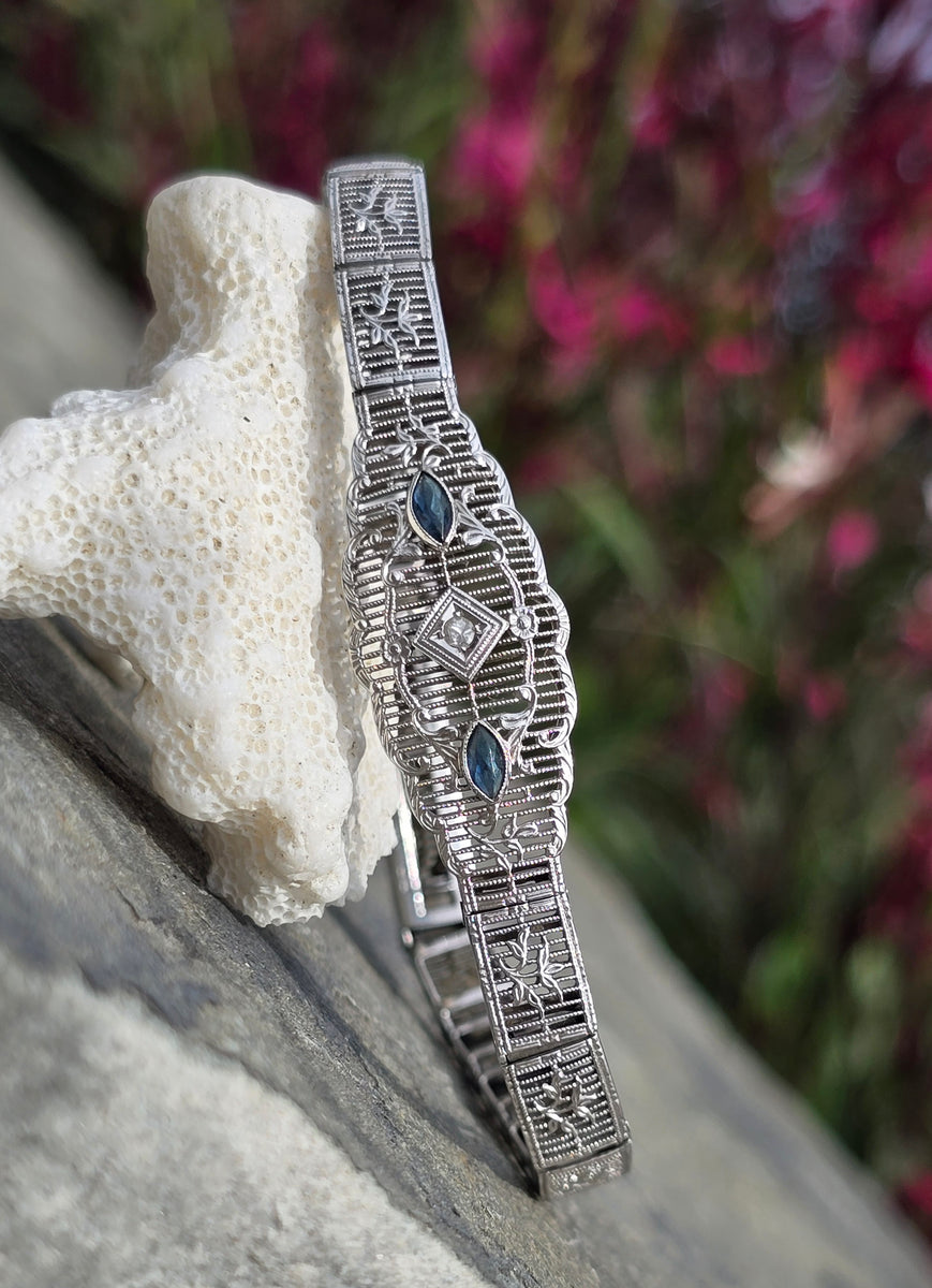 10k white gold Deco filigree diamond blue sapphire antique bracelet