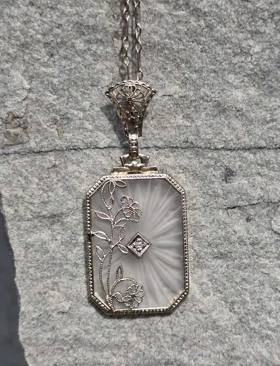 Art Deco rock crystal diamond filigree camphor glass in  White Gold Diamond Rock Crystal Art Deco Necklace 16 3/4\