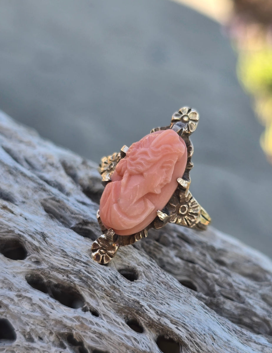 14k gold carved coral cameo estate ring - Main Image
