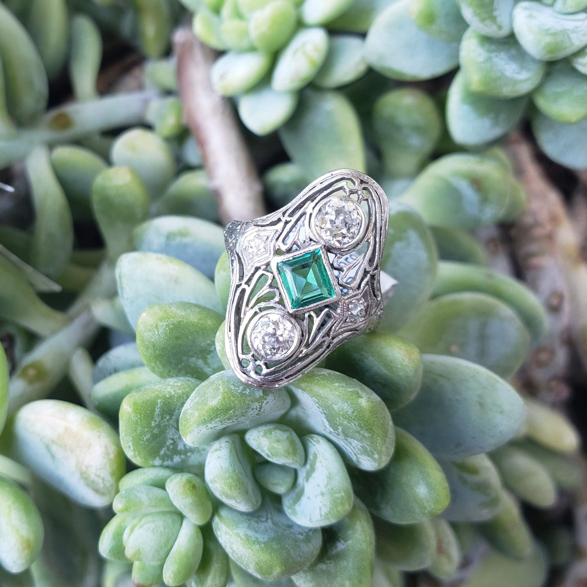 Platinum Emerald & Diamond estate filigree glove shield ring