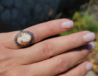 18k yellow gold - silver top antique carved shell cameo & rose cut diamond estate ring