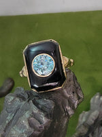 10k gold Black Onyx & natural Blue Zircon c.1930's Deco Ring