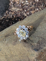 14k Victorian - Edwardian fancy yellow diamond mine cut halo ring - GIA