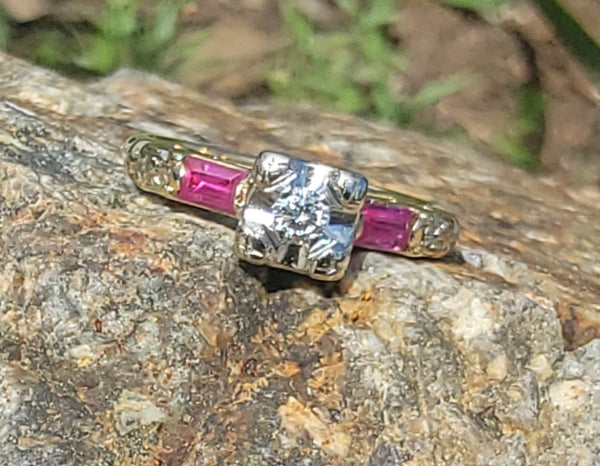 14k gold two tone vintage diamond & ruby engagement wedding ring