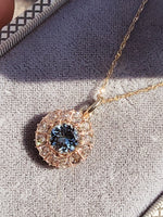 14k gold aquamarine & mine cut diamond estate halo pendant necklace