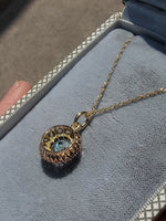 14k gold aquamarine & mine cut diamond estate halo pendant necklace