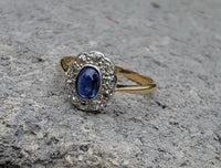 18ct gold & platinum two tone vintage cabochon blue sapphire & diamond antique ring