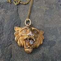 10k gold antique diamond LION necklace pendant