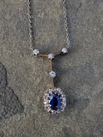 Edwardian blue sapphire & diamond halo necklace pendant