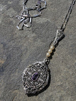 14k white gold amethyst & pearl necklace pendant lavaliere