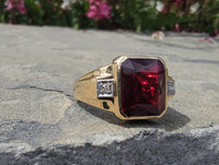 14k gold two tone Deco created ruby & genuine diamond estate men's ring 1953