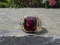 14k gold two tone Deco created ruby & genuine diamond estate men's ring 1953