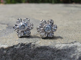 14k white gold vintage diamond floral flower studs.