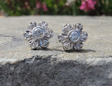 14k white gold vintage diamond floral flower studs.