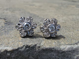 14k white gold vintage diamond floral flower studs.