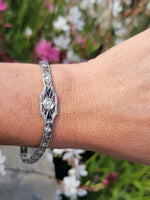 18k white gold c.1920's Deco filigree diamond & blue sapphire bracelet