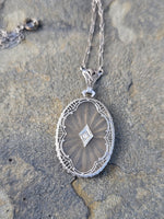 14k white gold Deco c.1920's diamond filigree necklace pendant