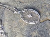 14k white gold Deco c.1920's diamond filigree necklace pendant