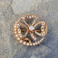 14k gold horseshoe diamond & seed pearl pin brooch