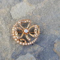 14k gold horseshoe diamond & seed pearl pin brooch