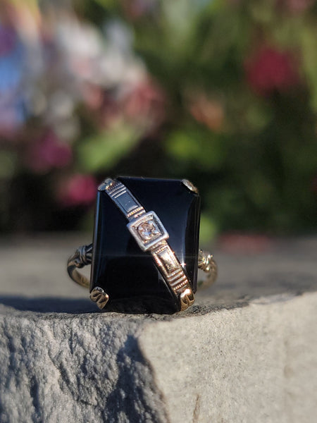 10k gold two tone vintage Deco black ONYX & diamond Ring