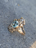 10k gold two tone blue zircon filigree Deco glove shield ring