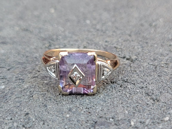 10k gold two tone amethyst & diamond estate Deco ring