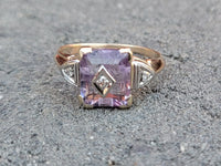 10k gold two tone amethyst & diamond estate Deco ring