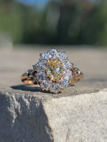 14k Victorian - Edwardian fancy yellow diamond mine cut halo ring - GIA