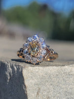 14k Victorian - Edwardian fancy yellow diamond mine cut halo ring - GIA