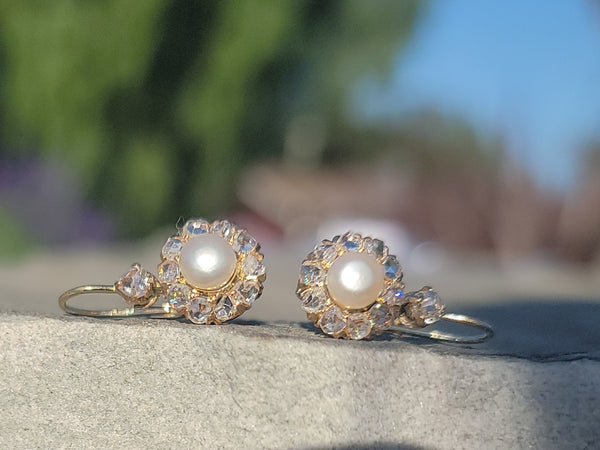 18k gold old cut diamond & pearl antique earrings