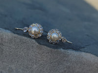 18k gold old cut diamond & pearl antique earrings