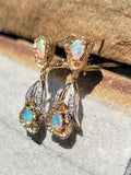 14k gold two tone opal & diamond dangle estate earrings