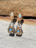 14k gold two tone opal & diamond dangle estate earrings